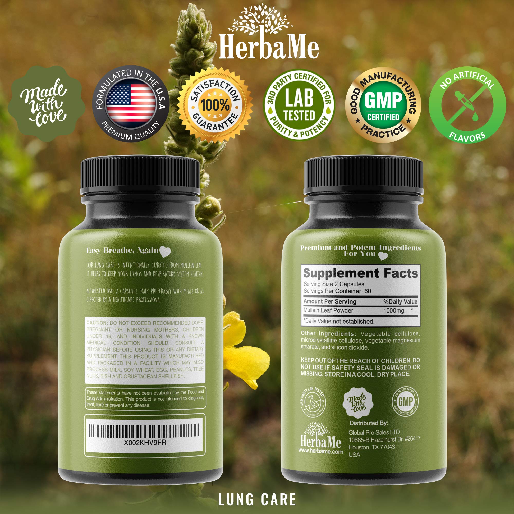 HerbaMe Mullein Leaf 1000mg, 120 Capsules, Lung Detox for Smokers, Lung Cleanse Supplement, Supports Respiratory Function Health, Promotes Mucous Membranes | Ear Health, Mucus Relief Herbal Pills