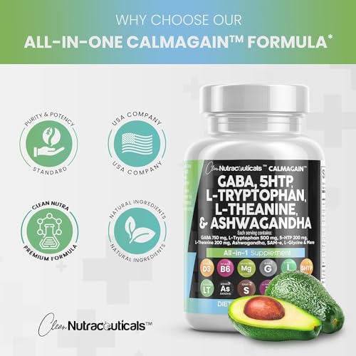 Clean Nutraceuticals GABA 750mg 5 HTP 200mg L Tryptophan 500mg L Theanine 200mg Ashwagandha 3000mg SAM-e L-Glycine - Mood Support Vitamins for Women and Men with L-Tyrosine - Count