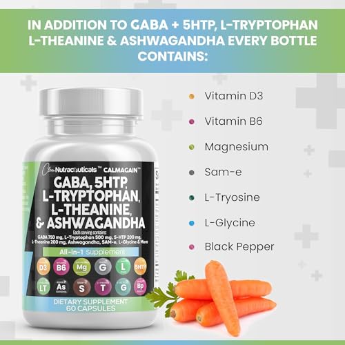 Clean Nutraceuticals GABA 750mg 5 HTP 200mg L Tryptophan 500mg L Theanine 200mg Ashwagandha 3000mg SAM-e L-Glycine - Mood Support Vitamins for Women and Men with L-Tyrosine - Count