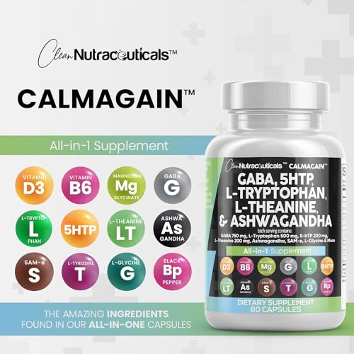 Clean Nutraceuticals GABA 750mg 5 HTP 200mg L Tryptophan 500mg L Theanine 200mg Ashwagandha 3000mg SAM-e L-Glycine - Mood Support Vitamins for Women and Men with L-Tyrosine - Count