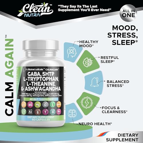 Clean Nutraceuticals GABA 750mg 5 HTP 200mg L Tryptophan 500mg L Theanine 200mg Ashwagandha 3000mg SAM-e L-Glycine - Mood Support Vitamins for Women and Men with L-Tyrosine - Count