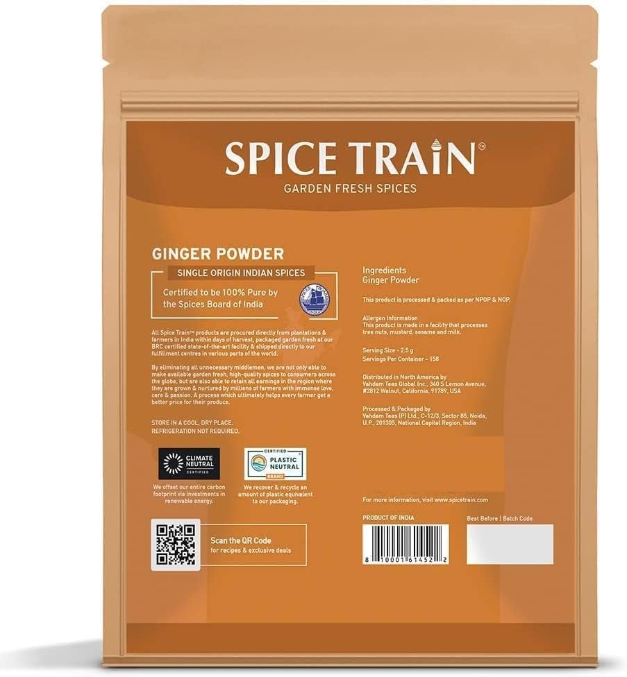 SPICE TRAIN, Ginger Powder (14oz/397g) No Additives, No Preservatives, No Fillers | Ginger Root Powder from India | Raw, Gluten Free, Non GMO | Perfect for Cooking, Baking | Resealable Zip Lock Pouch