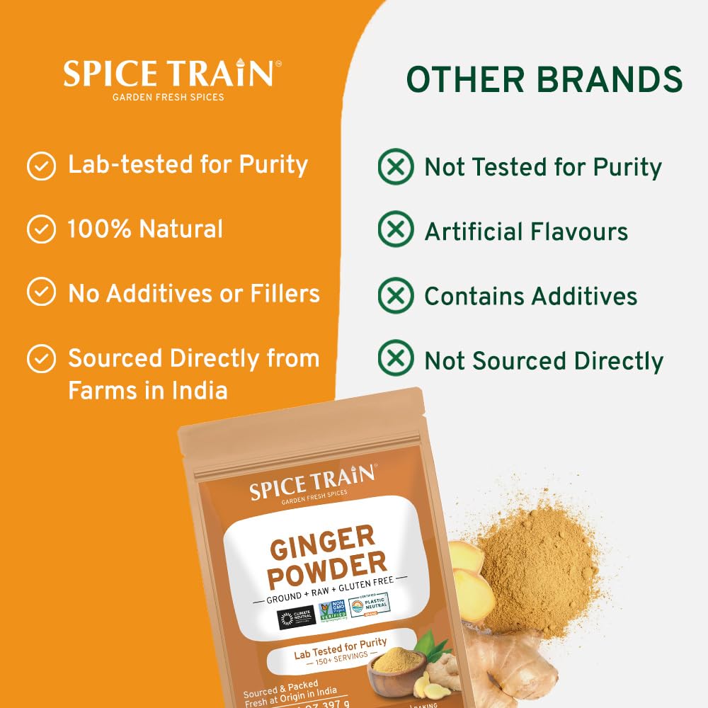 SPICE TRAIN, Ginger Powder (14oz/397g) No Additives, No Preservatives, No Fillers | Ginger Root Powder from India | Raw, Gluten Free, Non GMO | Perfect for Cooking, Baking | Resealable Zip Lock Pouch