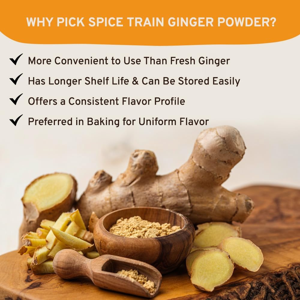 SPICE TRAIN, Ginger Powder (14oz/397g) No Additives, No Preservatives, No Fillers | Ginger Root Powder from India | Raw, Gluten Free, Non GMO | Perfect for Cooking, Baking | Resealable Zip Lock Pouch