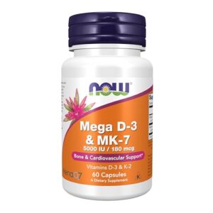 NOW Supplements, Mega D-3 & MK-7 with Vitamins D-3 & K-2, 5,000 IU/180 mcg, Bone & Cardiovascular Support*, 60 Veg Capsules