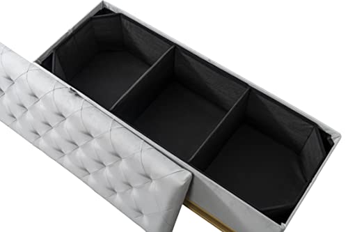 Chic Home Kadiri Storage Bench Velvet Upholstered Tufted Seat Gold Tone Metal Base with Discrete Interior Compartment Modern Contemporary, Grey