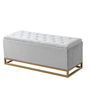 Chic Home Kadiri Storage Bench Velvet Upholstered Tufted Seat Gold Tone Metal Base with Discrete Interior Compartment Modern Contemporary, Grey