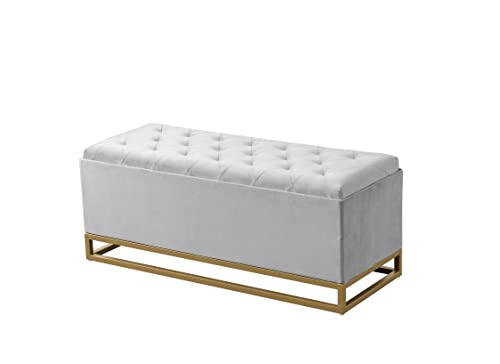 Chic Home Kadiri Storage Bench Velvet Upholstered Tufted Seat Gold Tone Metal Base with Discrete Interior Compartment Modern Contemporary, Grey