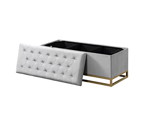 Chic Home Kadiri Storage Bench Velvet Upholstered Tufted Seat Gold Tone Metal Base with Discrete Interior Compartment Modern Contemporary, Grey