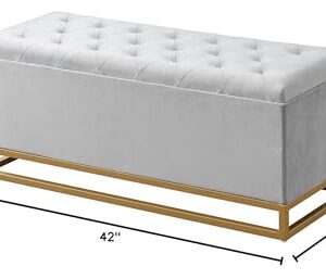 Chic Home Kadiri Storage Bench Velvet Upholstered Tufted Seat Gold Tone Metal Base with Discrete Interior Compartment Modern Contemporary, Grey