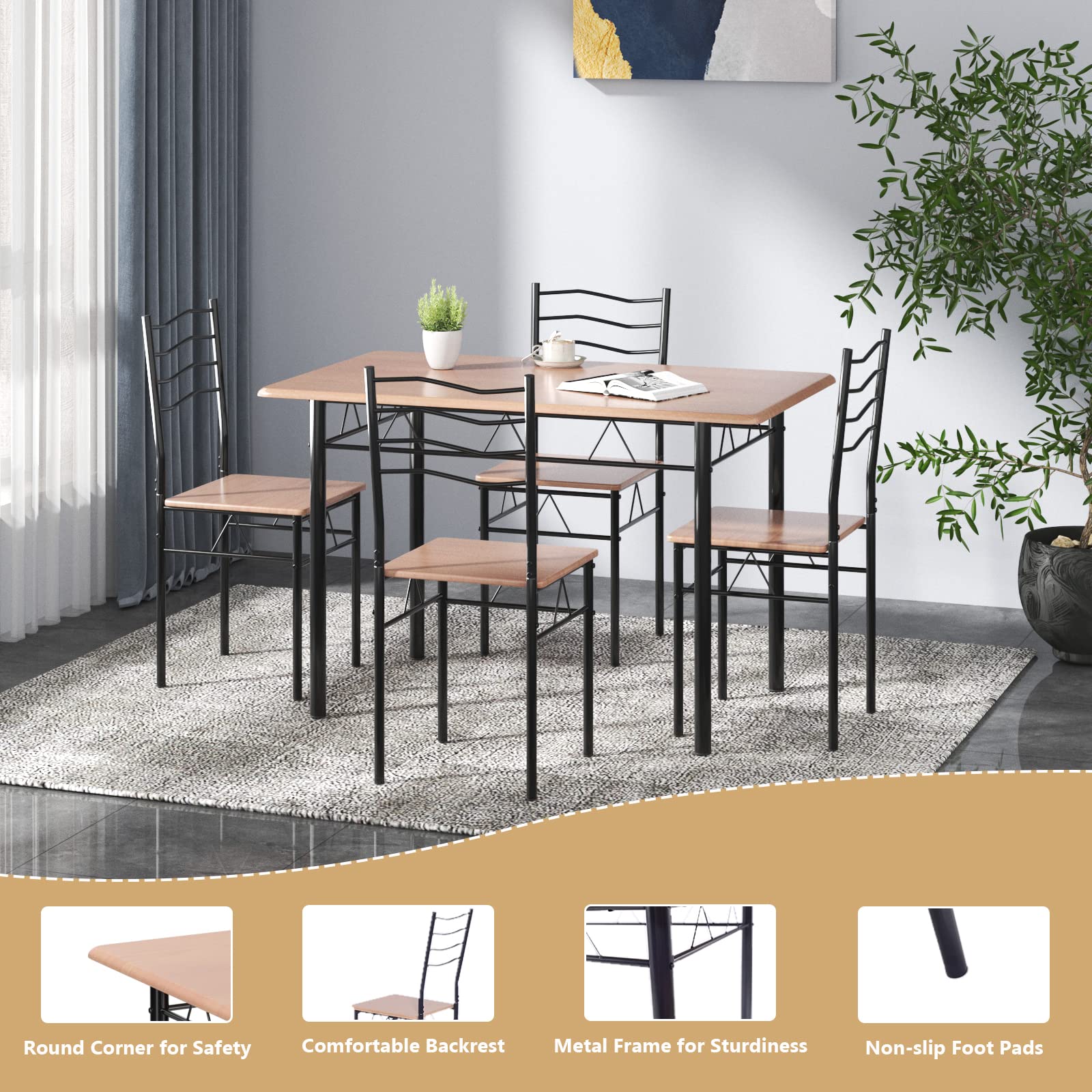 Giantex Dining Table Set for 4, 5-Piece Kitchen Table Chairs Set of 4, Breakfast Nook with Kitchen Table, 4 Dining Chairs, Metal Frame, Space-Saving Dinette Table Set for 4, Small Space, Apartment