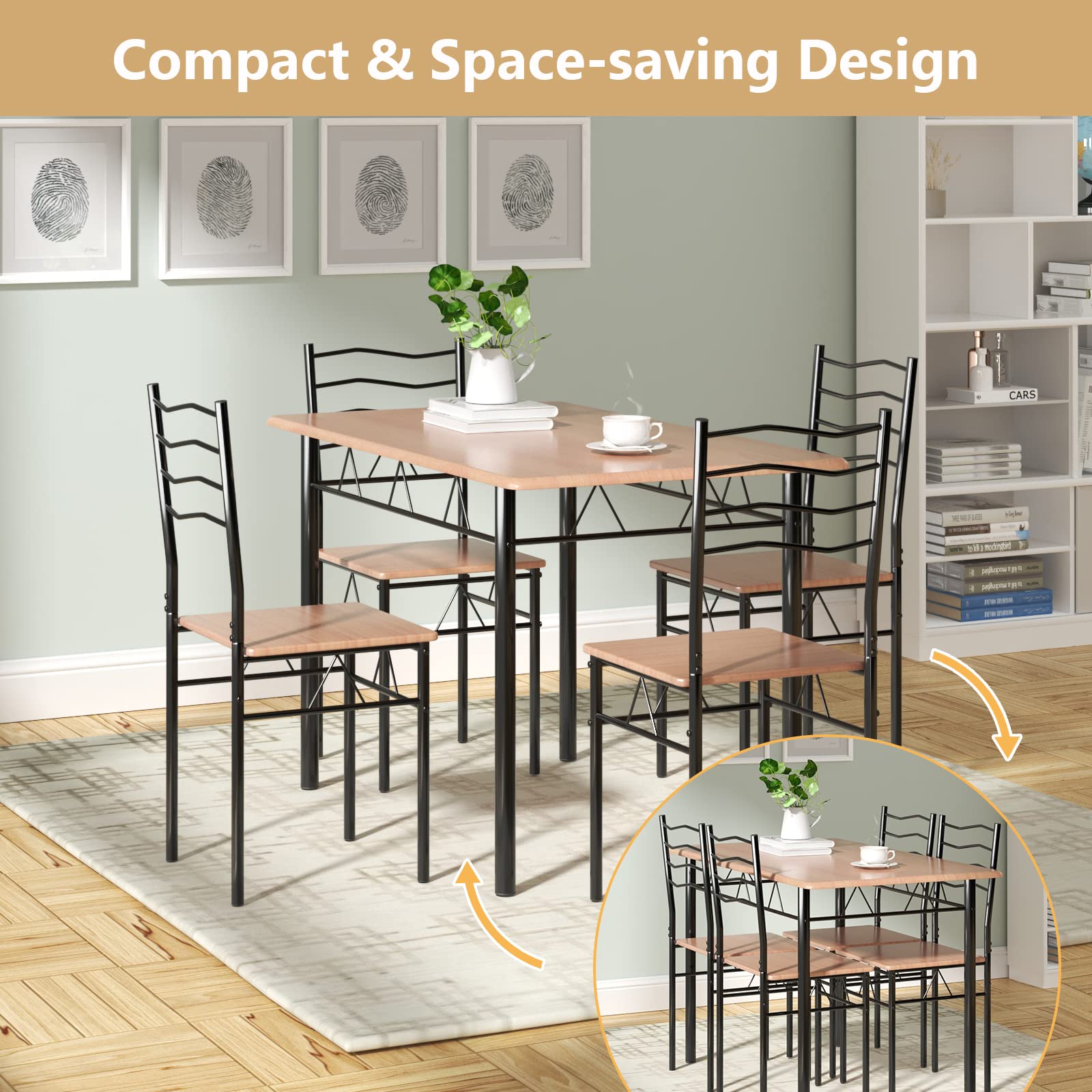 Giantex Dining Table Set for 4, 5-Piece Kitchen Table Chairs Set of 4, Breakfast Nook with Kitchen Table, 4 Dining Chairs, Metal Frame, Space-Saving Dinette Table Set for 4, Small Space, Apartment