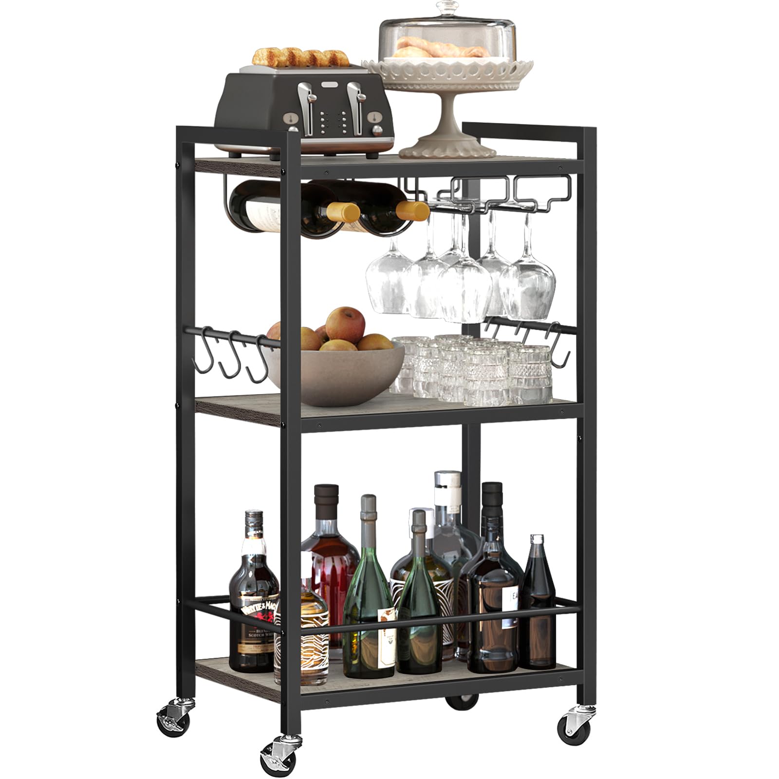 TUTOTAK Bar Cart, Home Bar Serving Cart, Microwave Cart, Drink Cart, Mobile Kitchen Shelf with Wine Rack and Glass Holder, Rolling Beverage Cart for Living Room, Kitchen, Greige BC01BG032