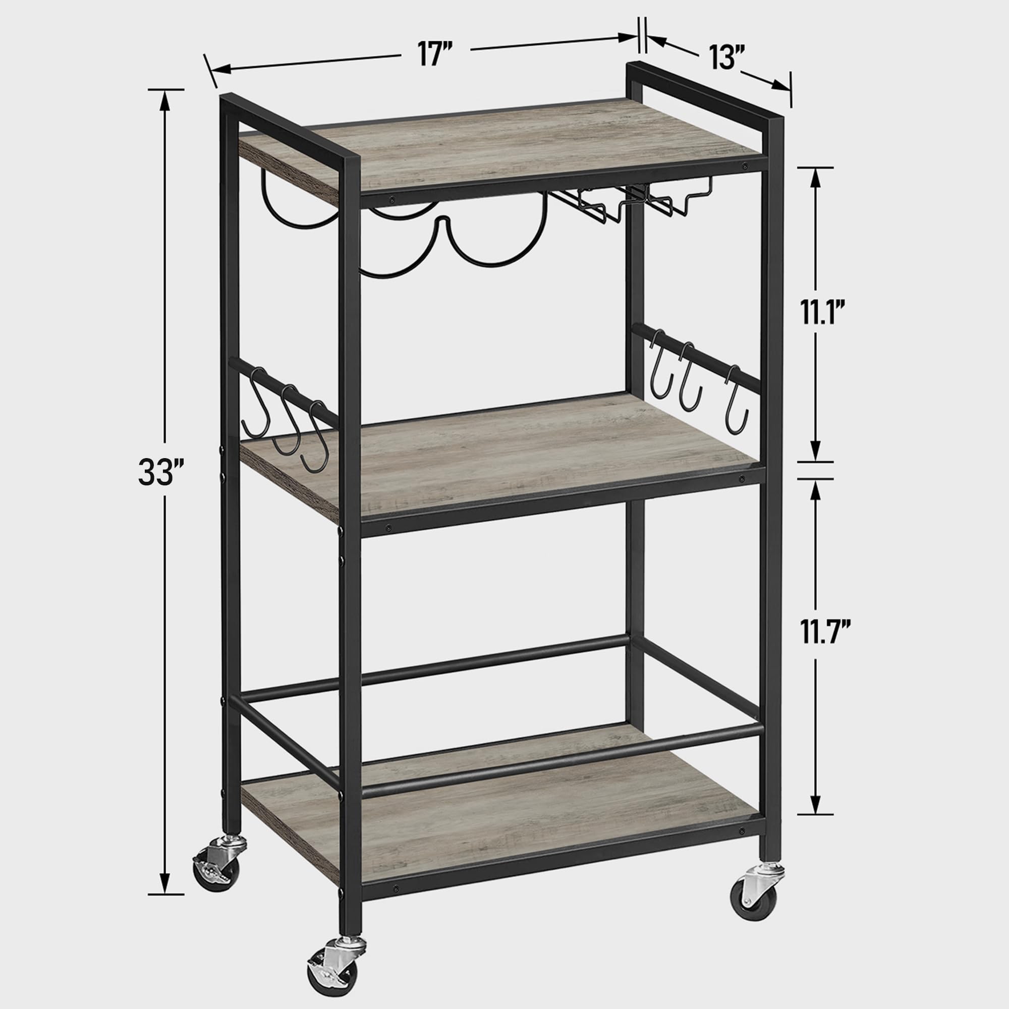 TUTOTAK Bar Cart, Home Bar Serving Cart, Microwave Cart, Drink Cart, Mobile Kitchen Shelf with Wine Rack and Glass Holder, Rolling Beverage Cart for Living Room, Kitchen, Greige BC01BG032