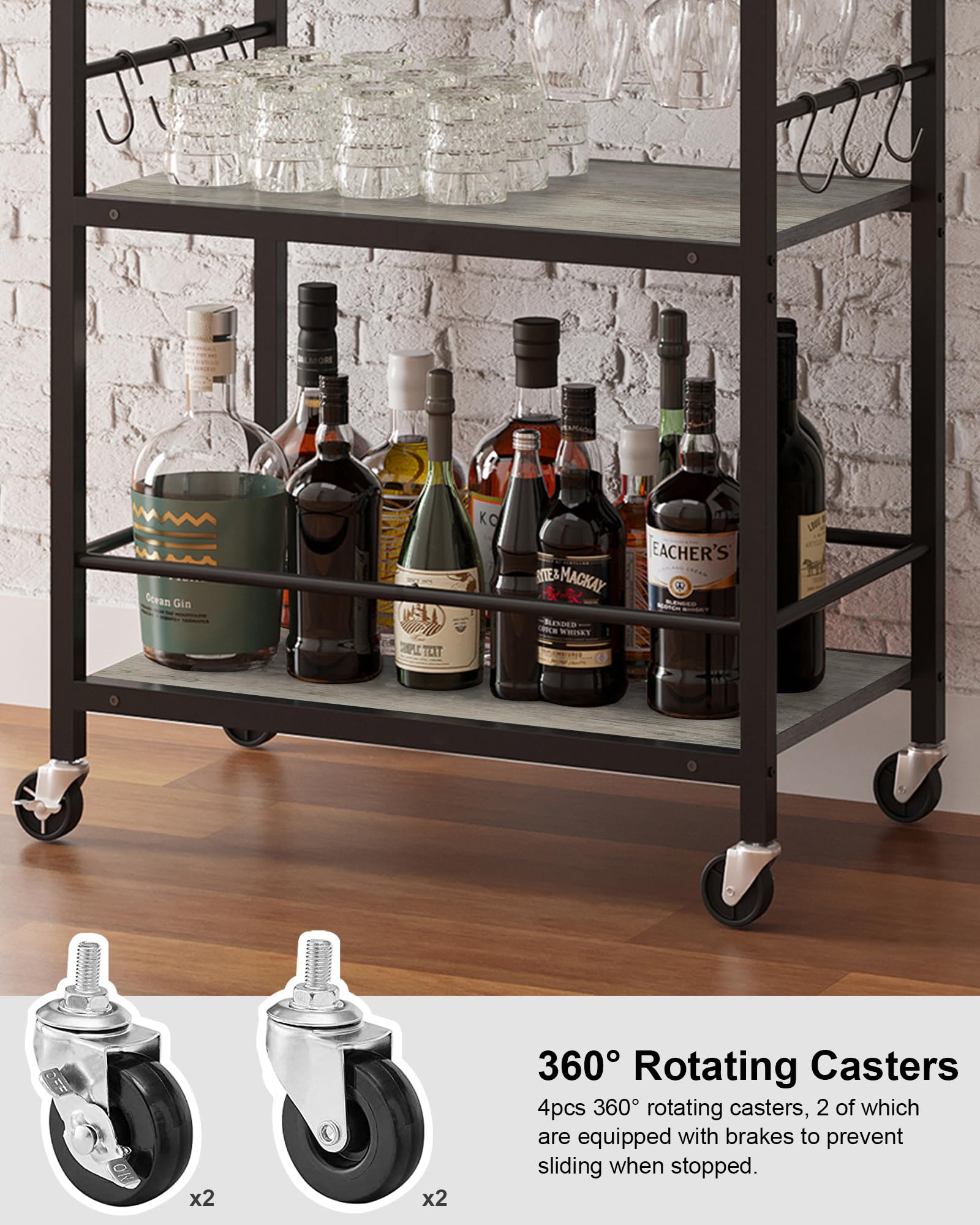 TUTOTAK Bar Cart, Home Bar Serving Cart, Microwave Cart, Drink Cart, Mobile Kitchen Shelf with Wine Rack and Glass Holder, Rolling Beverage Cart for Living Room, Kitchen, Greige BC01BG032