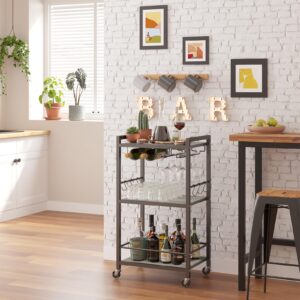 TUTOTAK Bar Cart, Home Bar Serving Cart, Microwave Cart, Drink Cart, Mobile Kitchen Shelf with Wine Rack and Glass Holder, Rolling Beverage Cart for Living Room, Kitchen, Greige BC01BG032