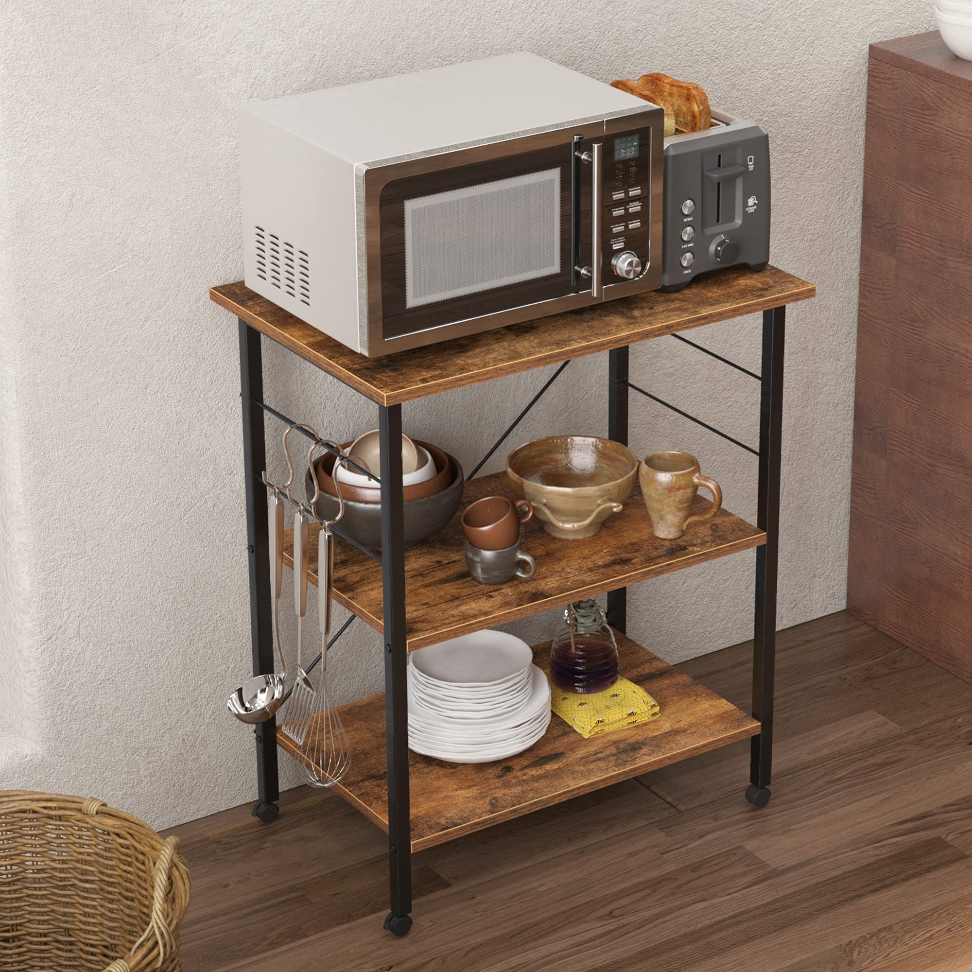 soges 3-Tier Kitchen Baker's Rack Utility Microwave Cart Storage Shelf Spice Organizer Workstation with 10 Hooks, Rustic Brown KS-LD-007