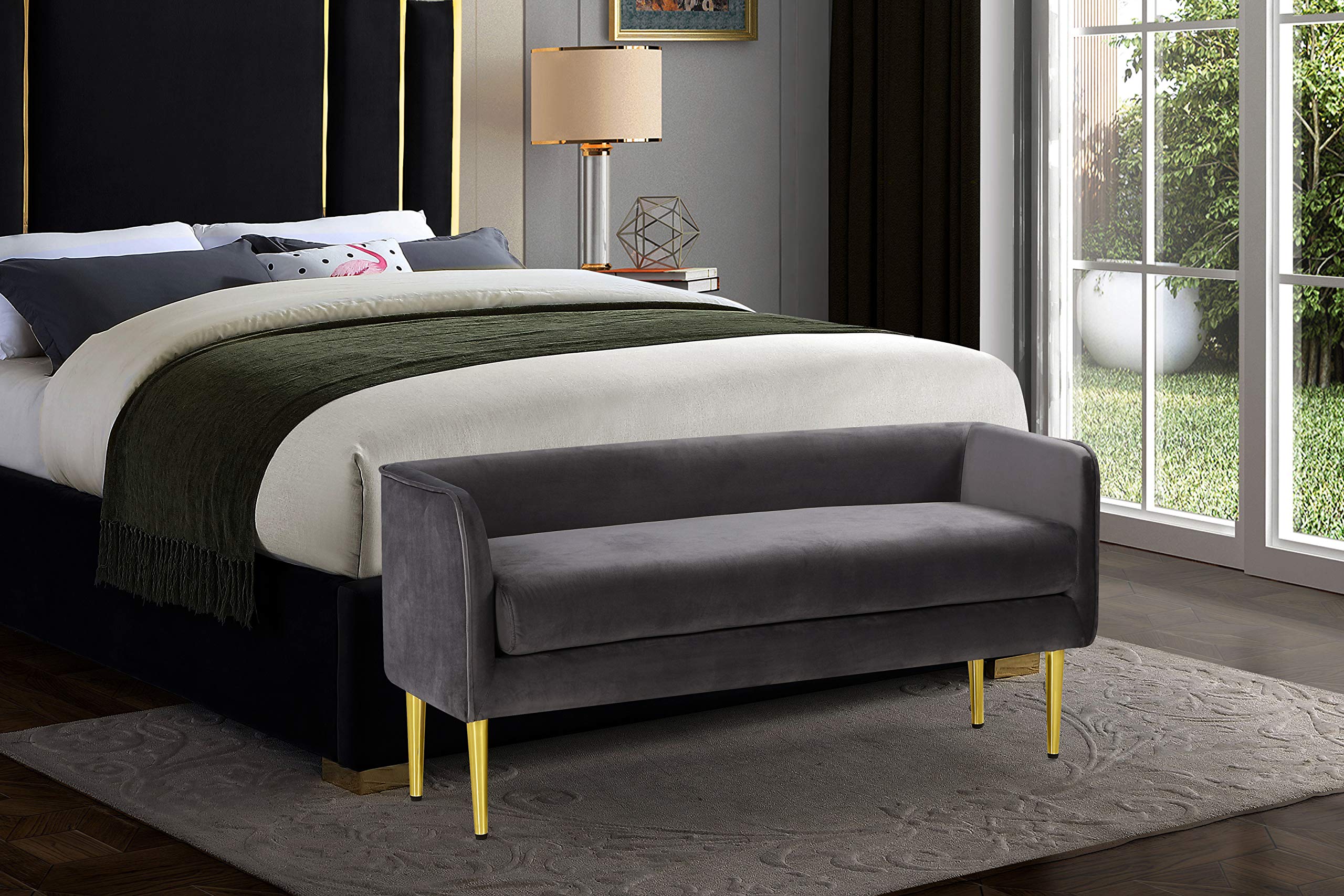 Meridian Furniture Audrey Collection Modern | Contemporary Velvet Upholstered Bench with Sturdy Metal Legs in Gold Finish, 52" W x 19" D x 24" H, Grey