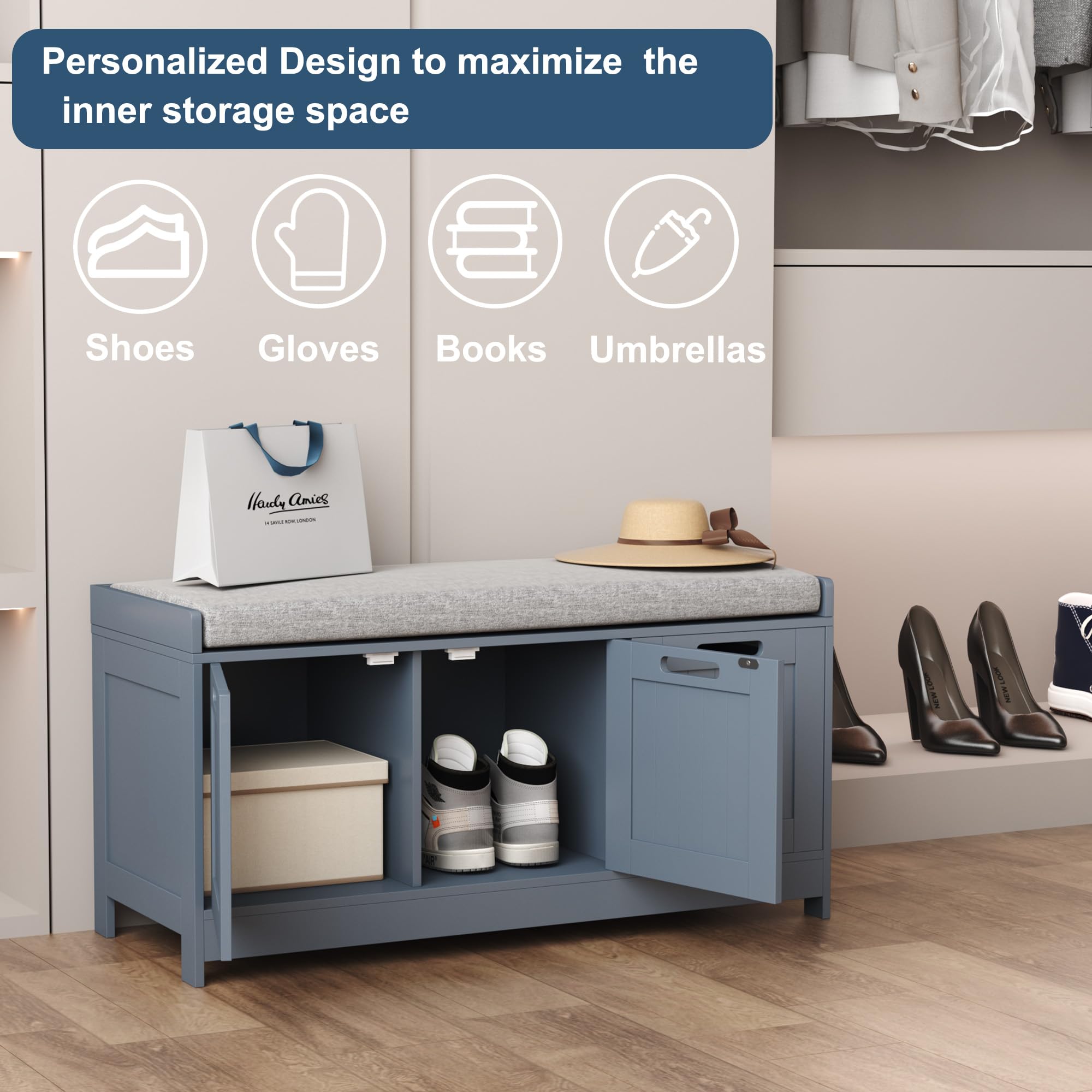 HOMEFORT Shoe Storage Bench, Wooden Shoe Bench with 3-Door Cabinets, Entry Way Home Organizer Bench, Entryway Bench with Padded Cushion Seat, Grey Storage Bench for Bedroom.