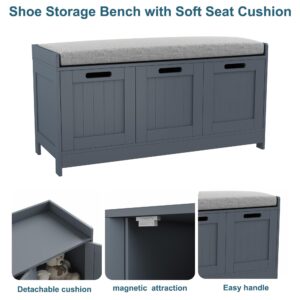 HOMEFORT Shoe Storage Bench, Wooden Shoe Bench with 3-Door Cabinets, Entry Way Home Organizer Bench, Entryway Bench with Padded Cushion Seat, Grey Storage Bench for Bedroom.