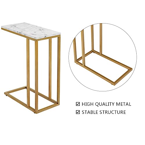 ROSEN GARDEN C-Shape Side End Table, Faux Marble Tray Snack Table with Metal Frame, Laptop Coffee Holder, Modern Furniture (Gold,1pcs)