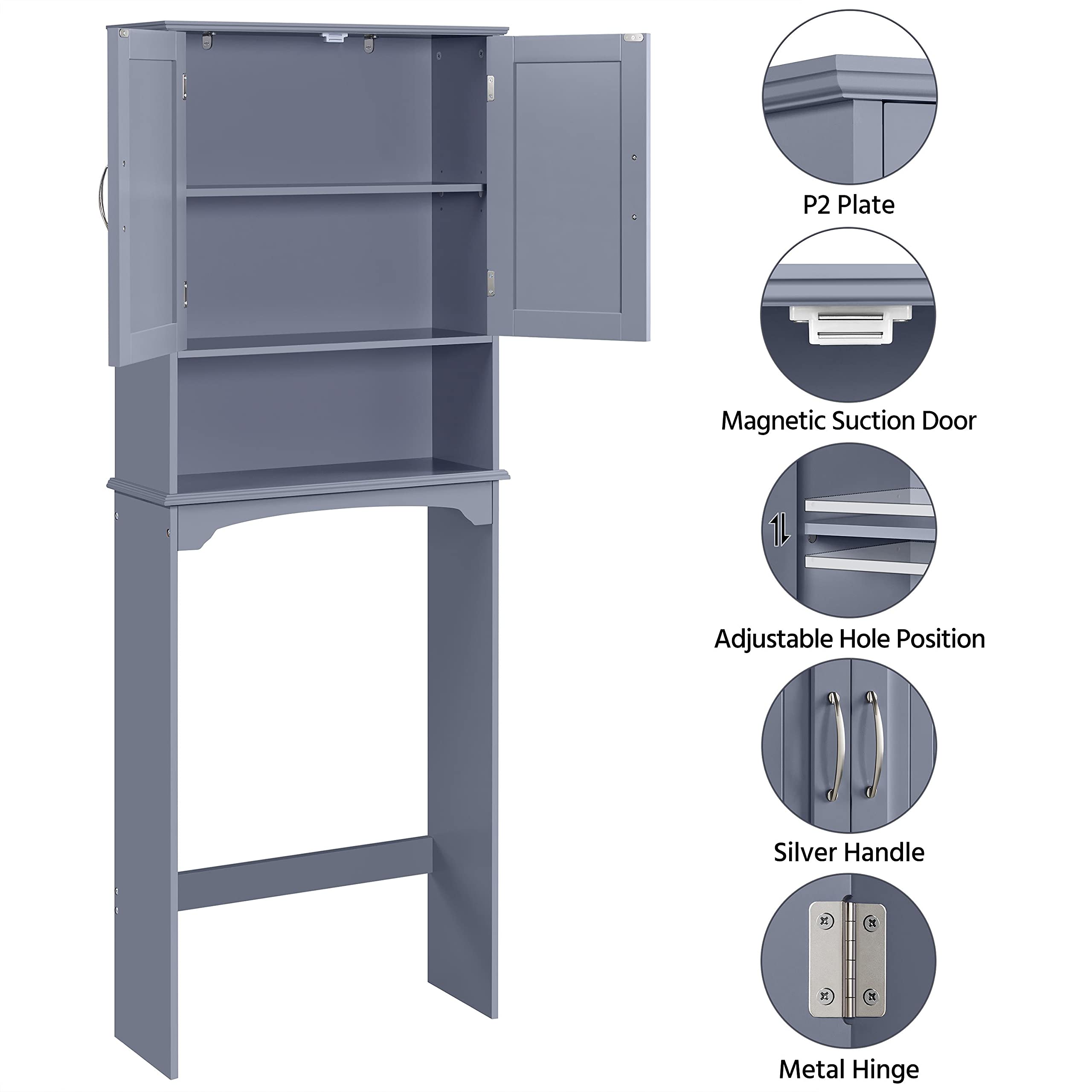 Yaheetech Over The Toilet Bathroom Cabinet with 2 Doors & Adjustable Shelf, Free Standing Toilet Rack Space-Saving, L24.5xW9xH66 Inches, Grey