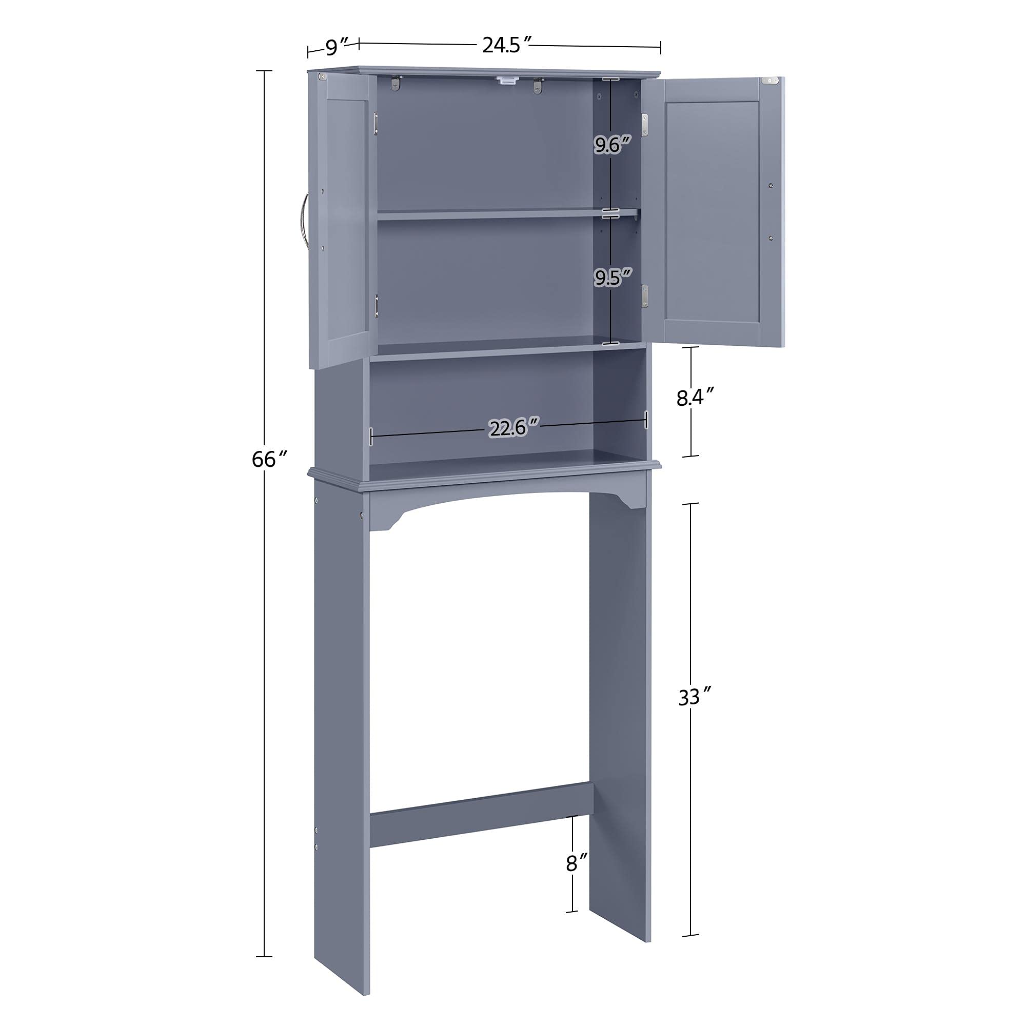 Yaheetech Over The Toilet Bathroom Cabinet with 2 Doors & Adjustable Shelf, Free Standing Toilet Rack Space-Saving, L24.5xW9xH66 Inches, Grey