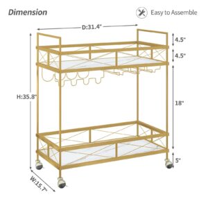 ASYA Bar Cart for The Home, Home Bar Serving Cart - Gold Bar Cart with Tempered Glass Shelves & Wine Rack, Mini Bar Cart on Wheels, Modern Wine Cart for Dining Room, Living Room and Home Bar