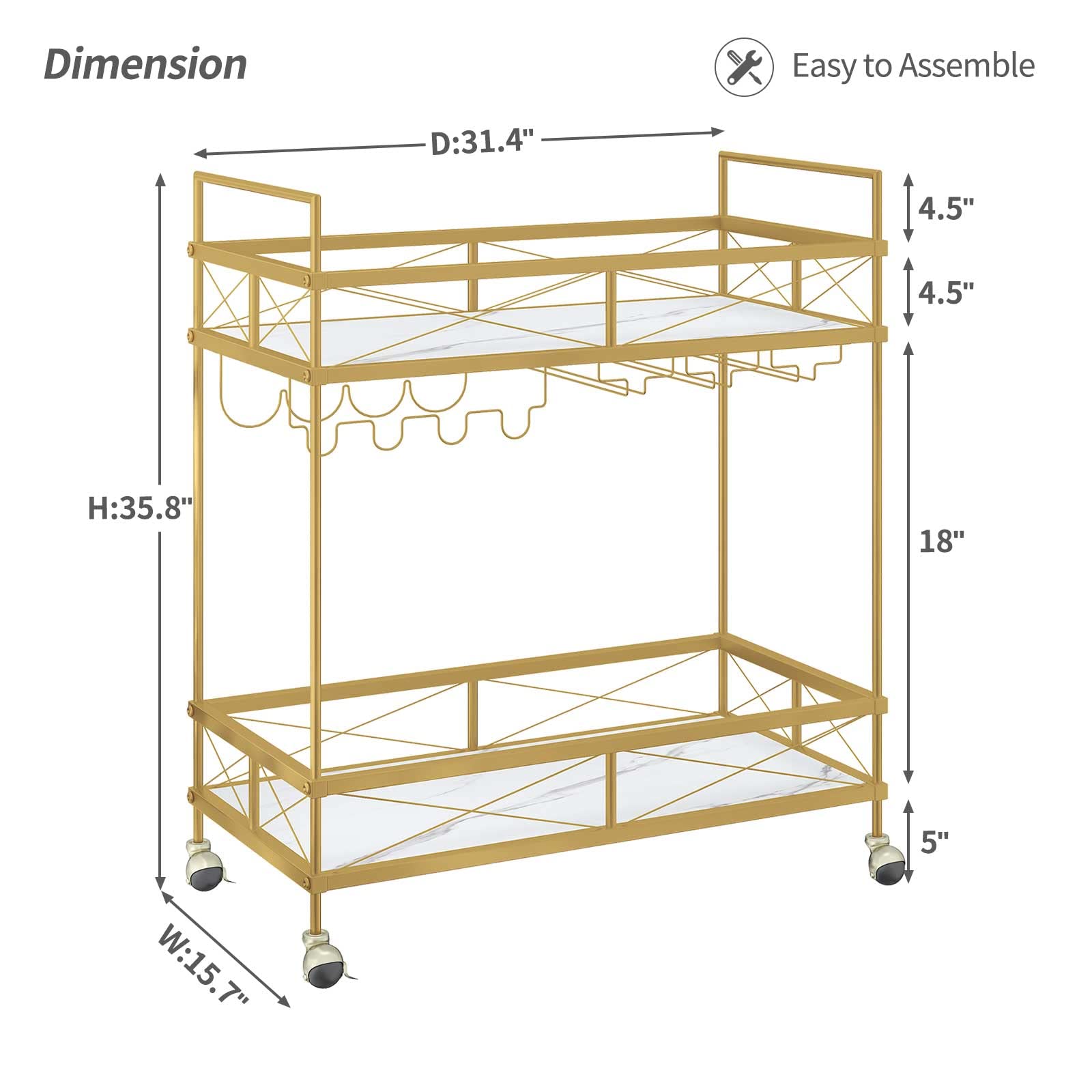 ASYA Bar Cart for The Home, Home Bar Serving Cart - Gold Bar Cart with Tempered Glass Shelves & Wine Rack, Mini Bar Cart on Wheels, Modern Wine Cart for Dining Room, Living Room and Home Bar