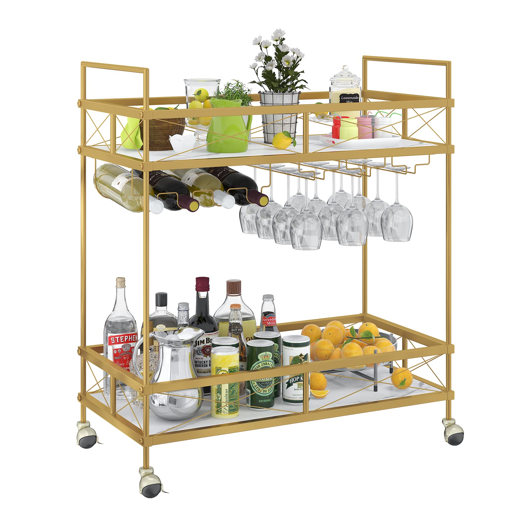 ASYA Bar Cart for The Home, Home Bar Serving Cart - Gold Bar Cart with Tempered Glass Shelves & Wine Rack, Mini Bar Cart on Wheels, Modern Wine Cart for Dining Room, Living Room and Home Bar