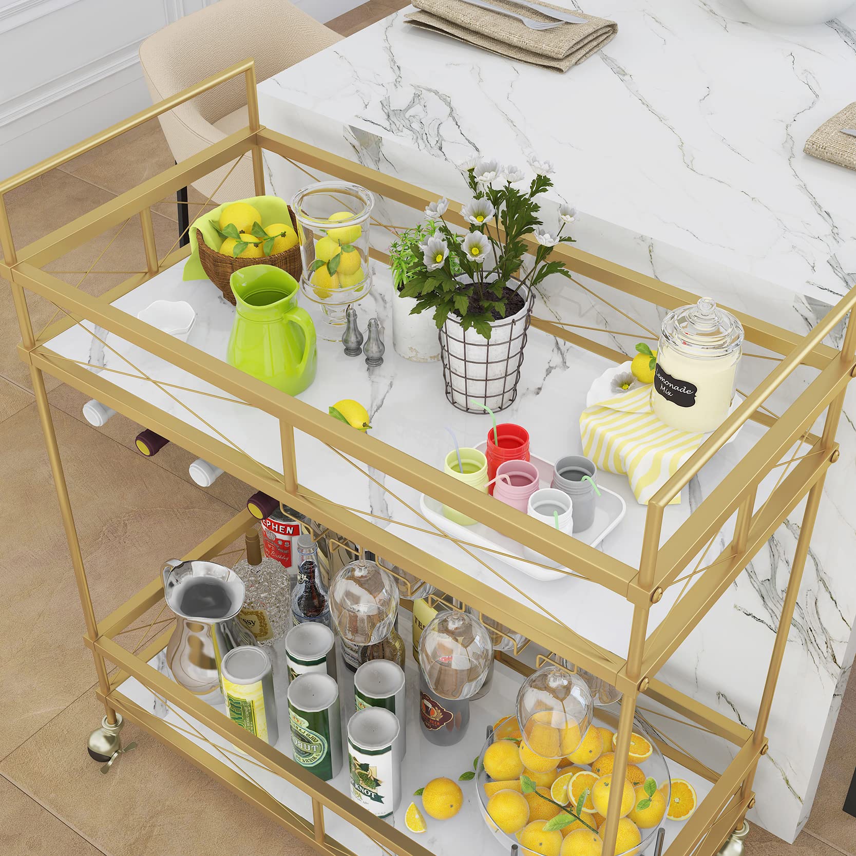 ASYA Bar Cart for The Home, Home Bar Serving Cart - Gold Bar Cart with Tempered Glass Shelves & Wine Rack, Mini Bar Cart on Wheels, Modern Wine Cart for Dining Room, Living Room and Home Bar