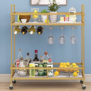 ASYA Bar Cart for The Home, Home Bar Serving Cart - Gold Bar Cart with Tempered Glass Shelves & Wine Rack, Mini Bar Cart on Wheels, Modern Wine Cart for Dining Room, Living Room and Home Bar