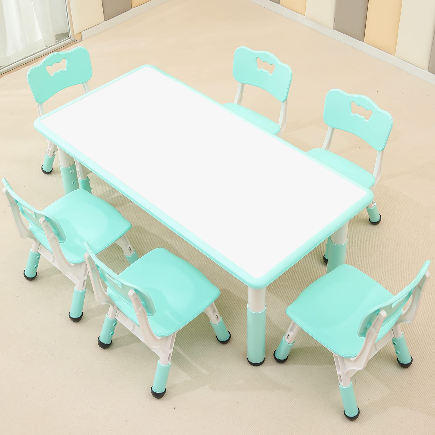 monleelnom Children's Table and Chair Set Suitable for Boys and Girls Age 2-12 Height Adjustable Table top Can be Painted with 6 Seats Suitable for Family Learning Daily use (Mint Green)