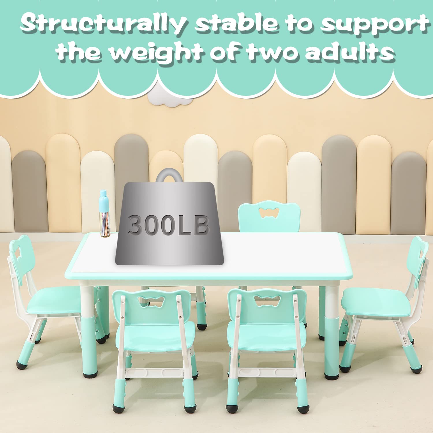 monleelnom Children's Table and Chair Set Suitable for Boys and Girls Age 2-12 Height Adjustable Table top Can be Painted with 6 Seats Suitable for Family Learning Daily use (Mint Green)