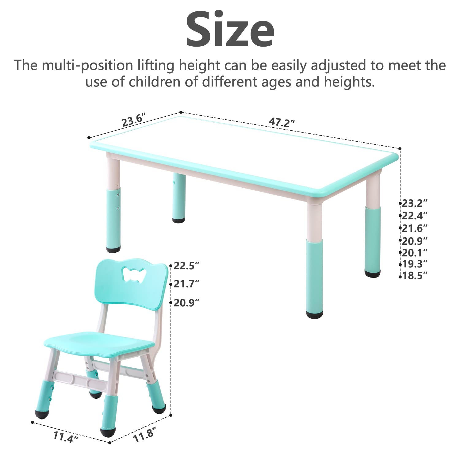 monleelnom Children's Table and Chair Set Suitable for Boys and Girls Age 2-12 Height Adjustable Table top Can be Painted with 6 Seats Suitable for Family Learning Daily use (Mint Green)