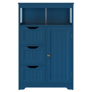 topeakmart wood bathroom floor cabinet, free standing storage cabinet with 3 drawers and cupboard, hallway/entryway cabinet, living room accent furniture, navy blue