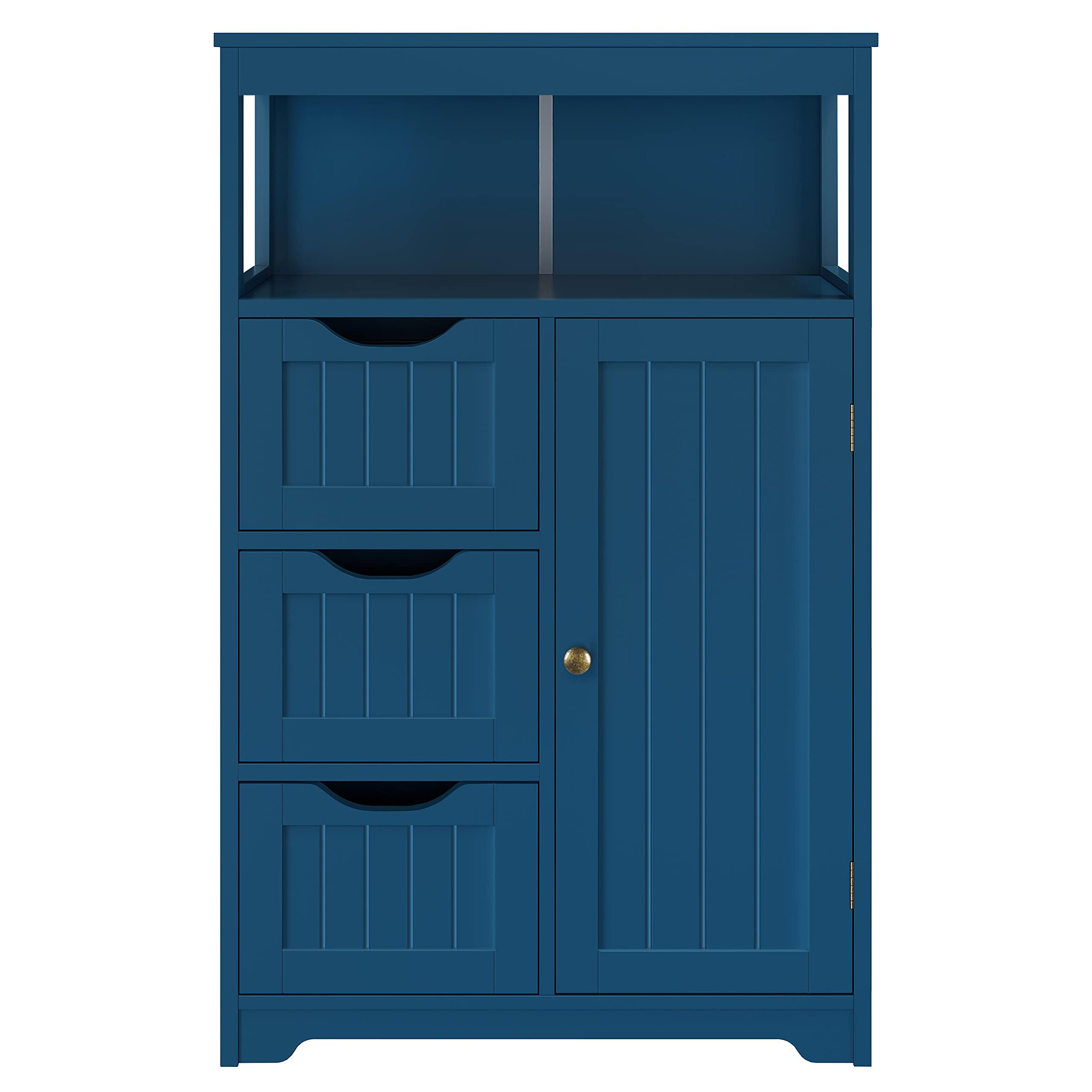 Topeakmart Wood Bathroom Floor Cabinet, Free Standing Storage Cabinet with 3 Drawers and Cupboard, Hallway/Entryway Cabinet, Living Room Accent Furniture, Navy Blue