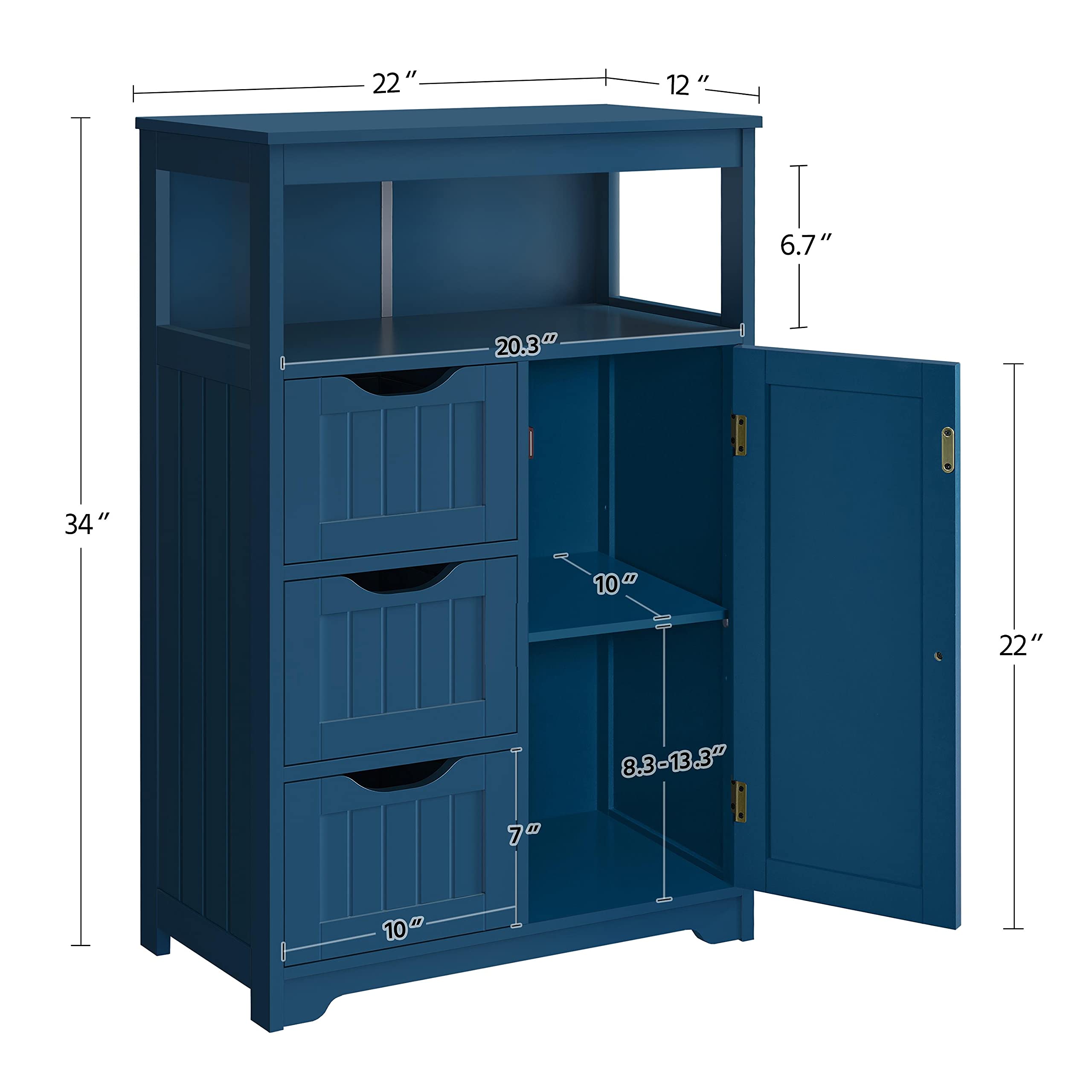 Topeakmart Wood Bathroom Floor Cabinet, Free Standing Storage Cabinet with 3 Drawers and Cupboard, Hallway/Entryway Cabinet, Living Room Accent Furniture, Navy Blue