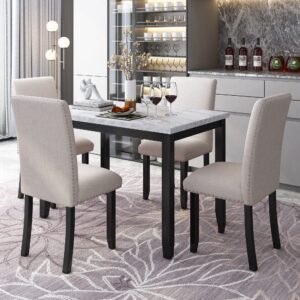 merax 5 piece kitchen table set wood dining table set rectangle paper marbling table with 4 upholstered dining chairs for kitchen apartment