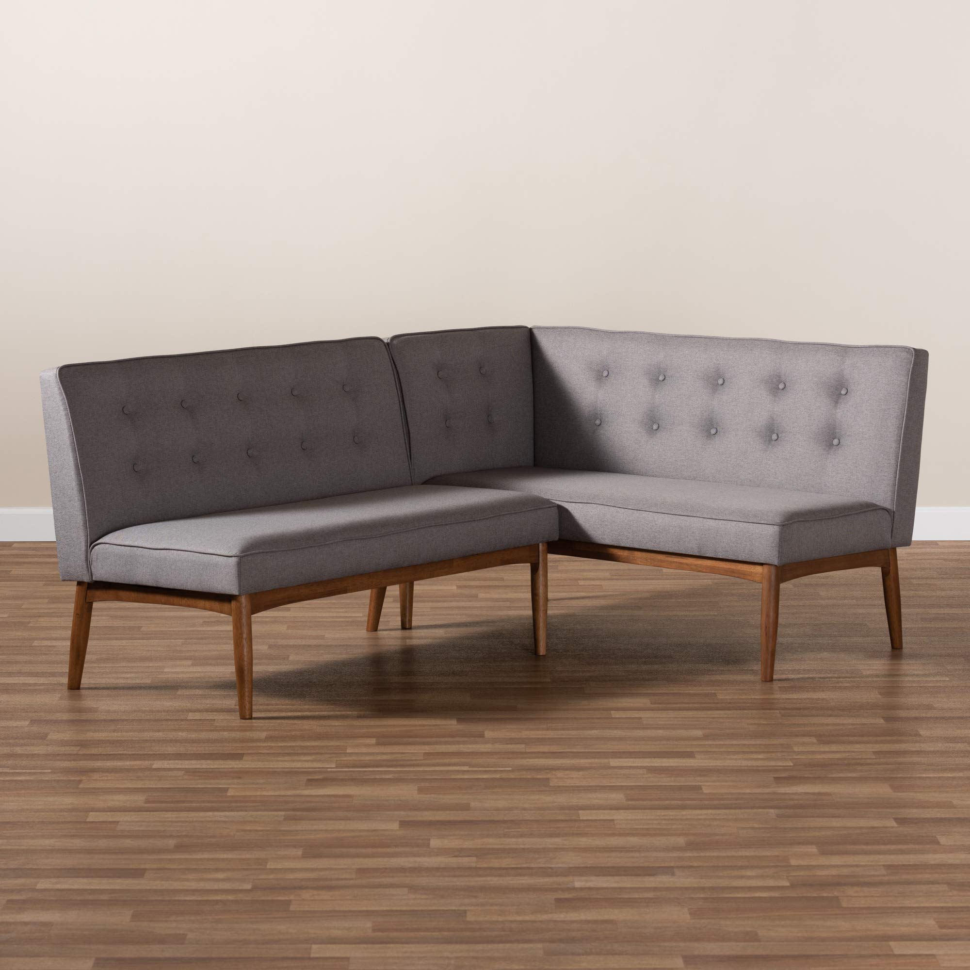 Baxton Studio Arvid Mid-Century Modern Gray Fabric Upholstered 2-Piece Wood Dining Corner Sofa Bench