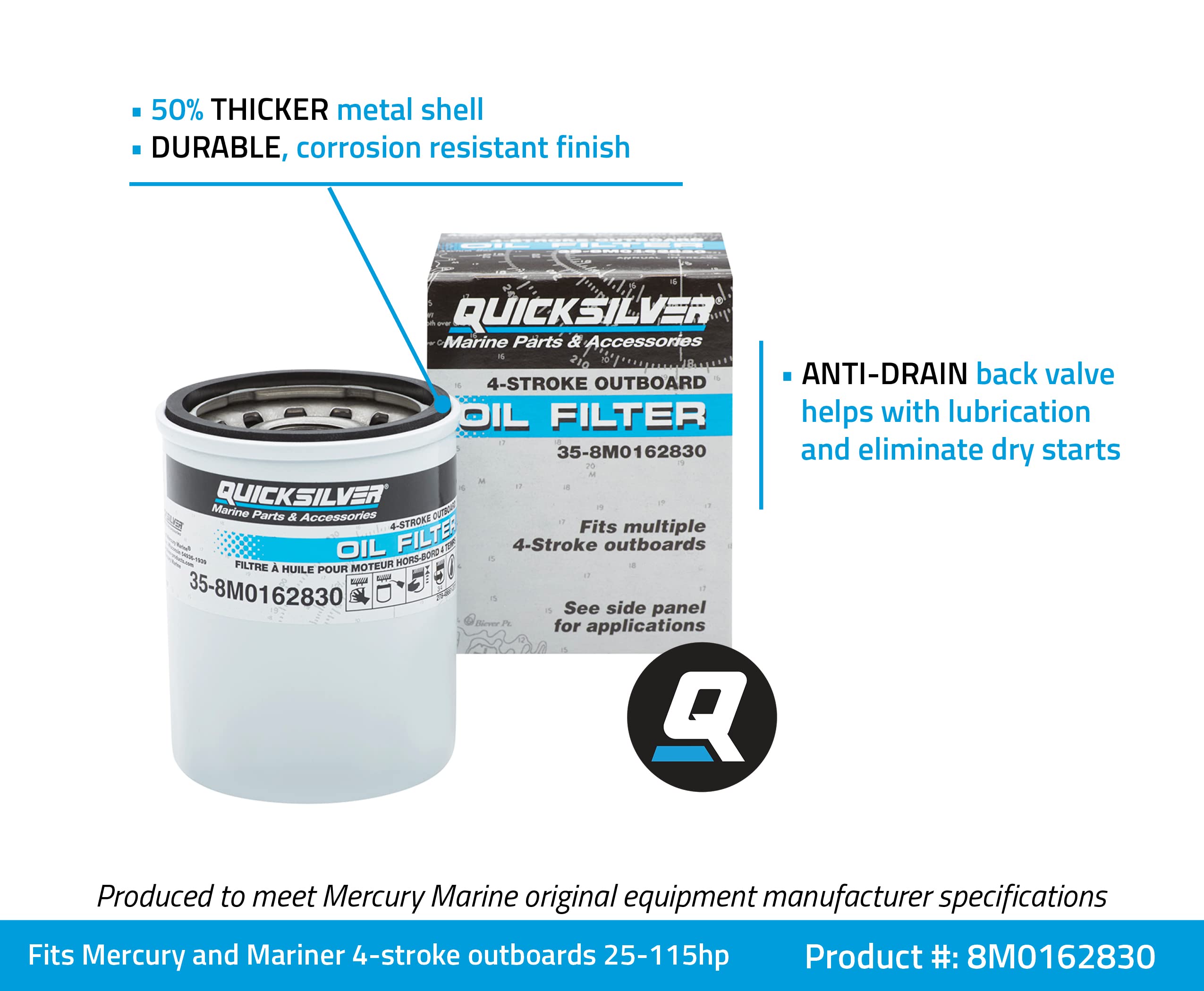 Quicksilver by Mercury Marine 8M0162830 Oil Filter for Mercury and Mariner 4-Stroke Outboards 25-115hp