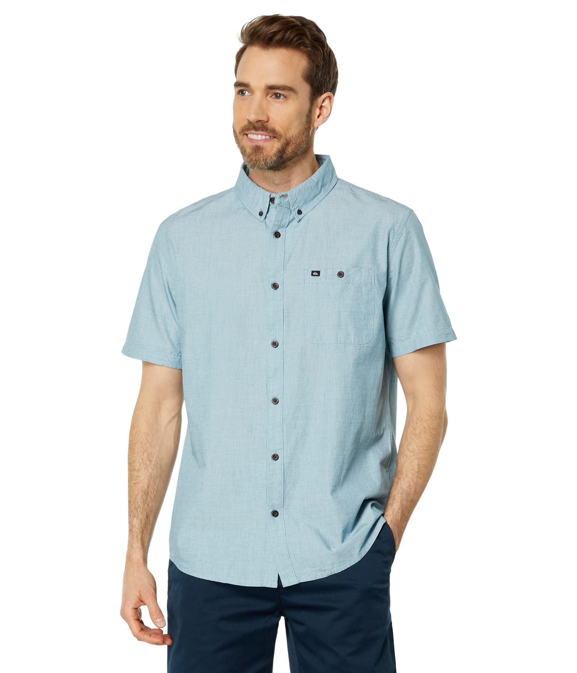 Quiksilver Men's Winfall Short Sleeve Button Down Shirt, Moroccan Blue, Medium