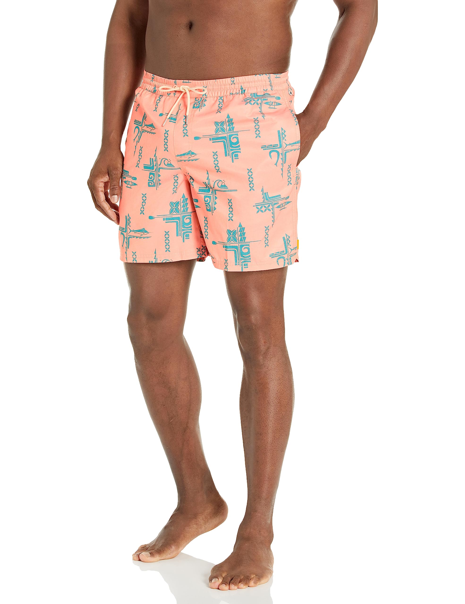 Quiksilver Men's Standard Volley Swim Trunk Boardshort, Peached Pink Big Catch VY, Small