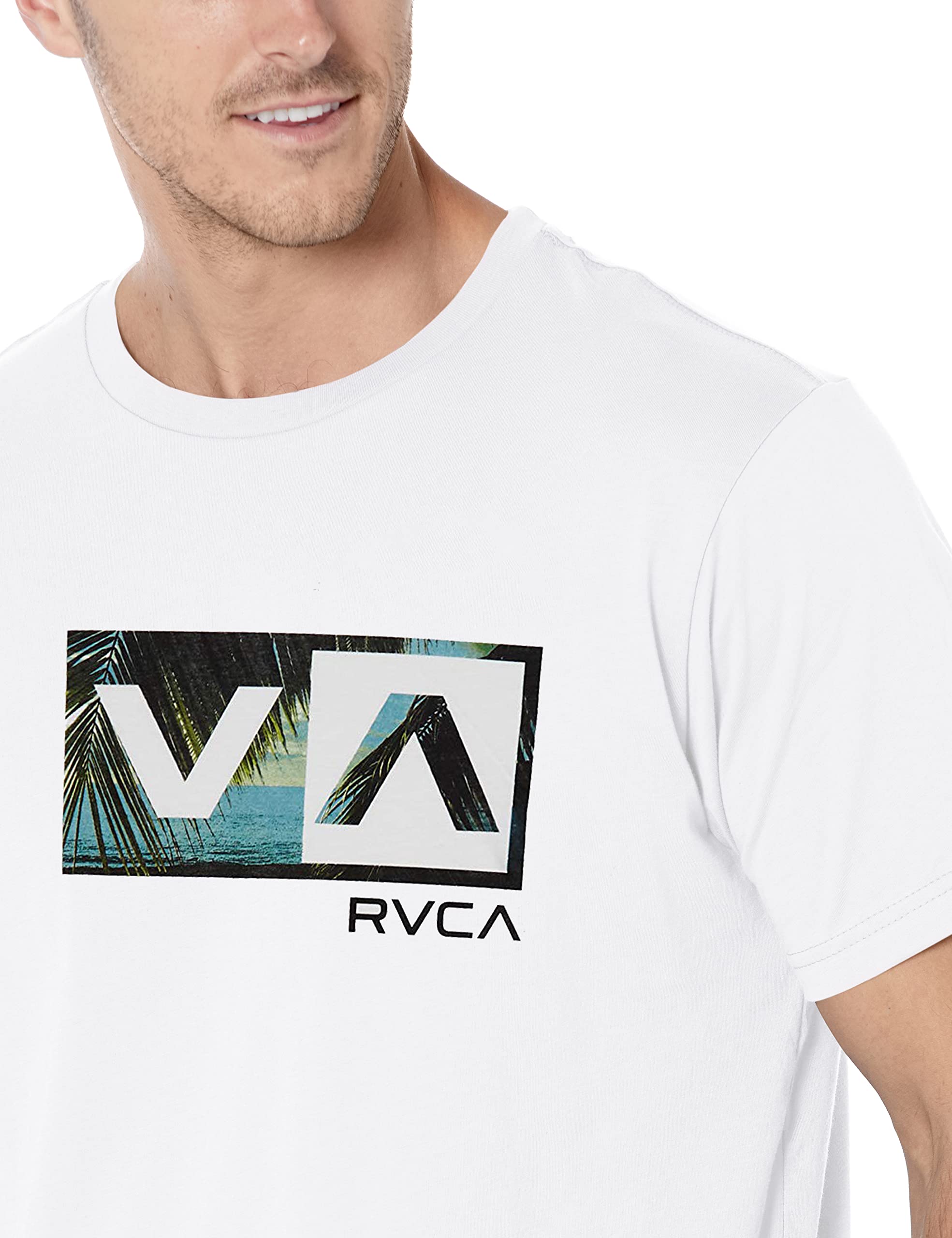 RVCA Men's Graphic Short Sleeve Crew Neck Tee Shirt, Balance Box/White, Large