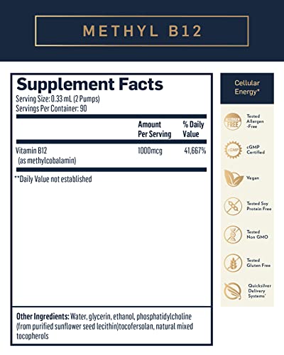 Quicksilver Scientific Methyl B12-1000mcg Vitamin B12 as Methylcobalamin (Methyl B12) - B12 Liquid with Nano Technology for Superior Absorption - Supportive Energy Supplement (30ml / 90 Servings)