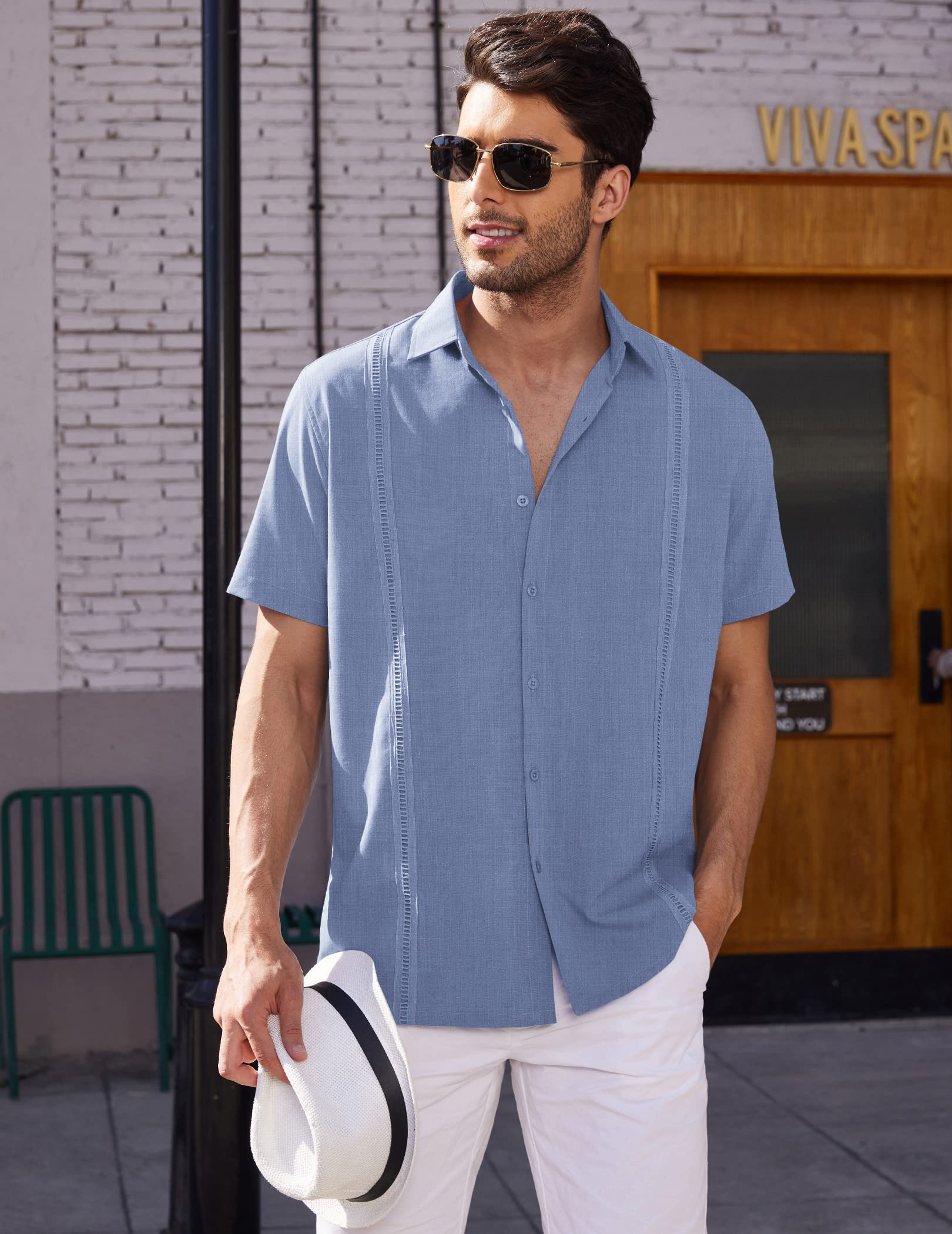 COOFANDY Men's Short Sleeve Button Down Shirt for Men Summer Casual Cotton Shirt~ Grey Blue