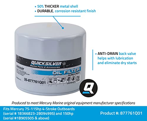 Quicksilver by Mercury Marine 877761Q01 Oil Filter for Select Mercury and Mariner 75-115hp Outboards and 150hp EFI 4-Stroke Outboards