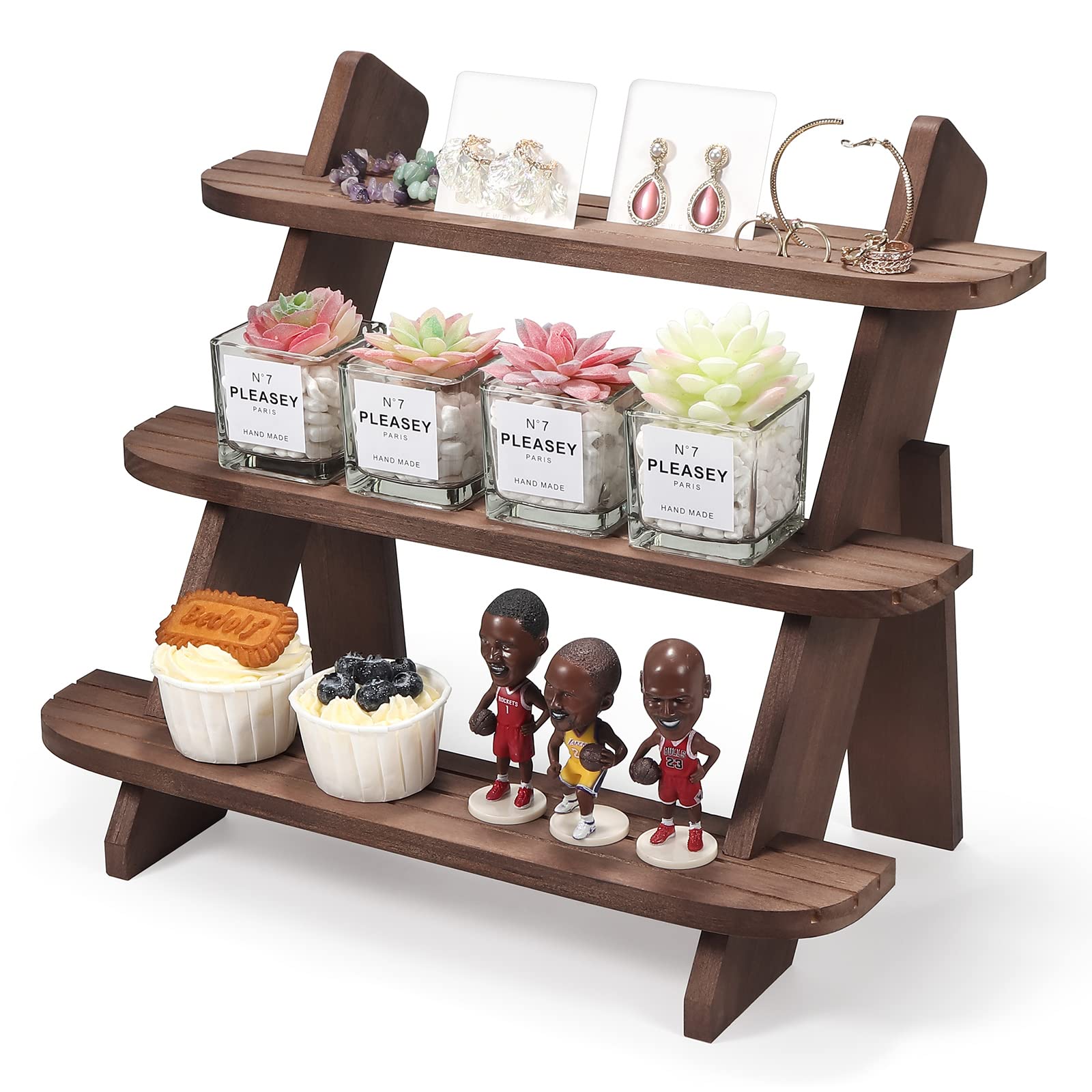 Wooden Display Riser,3 Tier Earring & Ring Holder Stands,Farmhouse Cupcake Stands ,Table Display Stand For Vendors,Organizer Showcase for Tabletop Shows and Home Using ,Wood Rustic Risers-Walnut