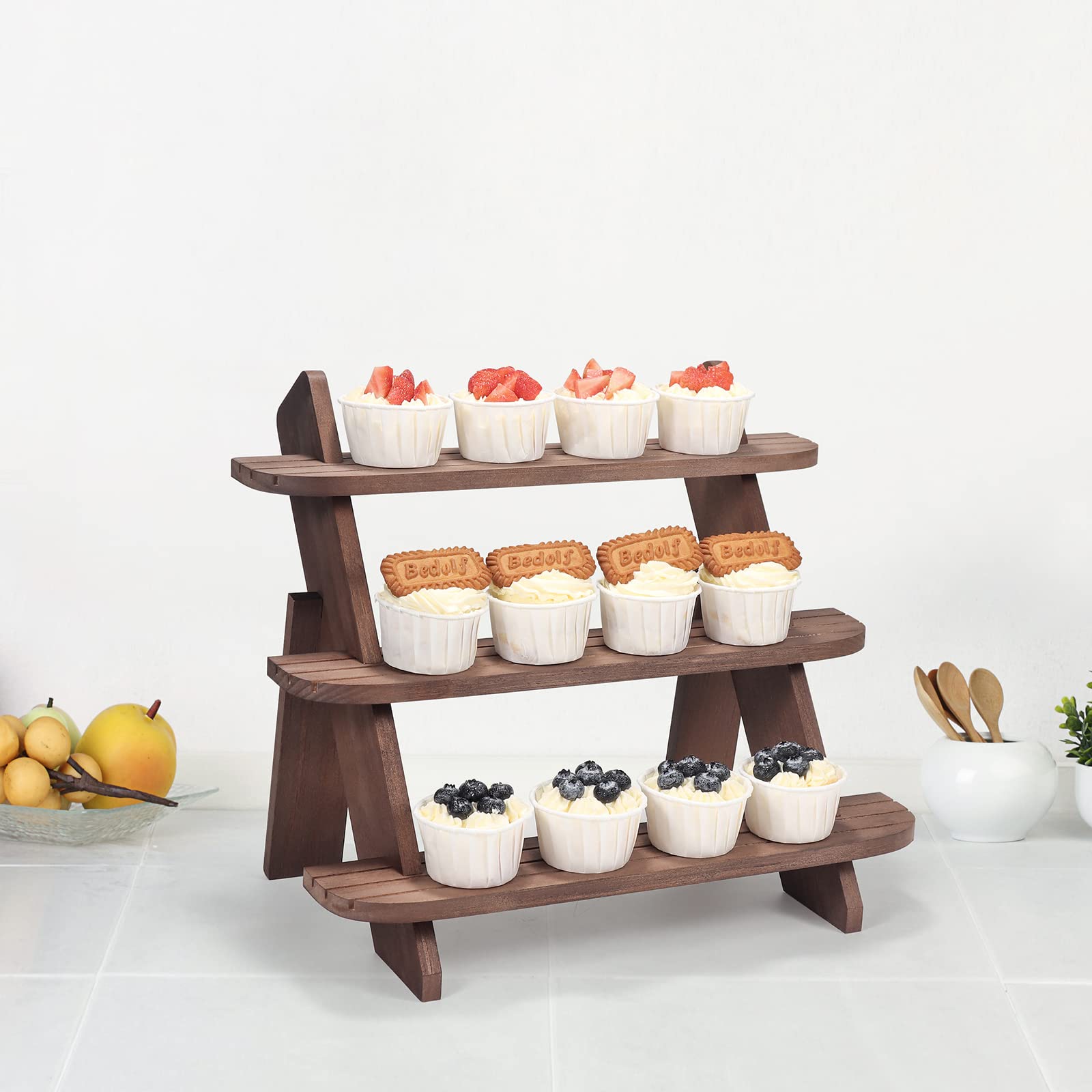 Wooden Display Riser,3 Tier Earring & Ring Holder Stands,Farmhouse Cupcake Stands ,Table Display Stand For Vendors,Organizer Showcase for Tabletop Shows and Home Using ,Wood Rustic Risers-Walnut