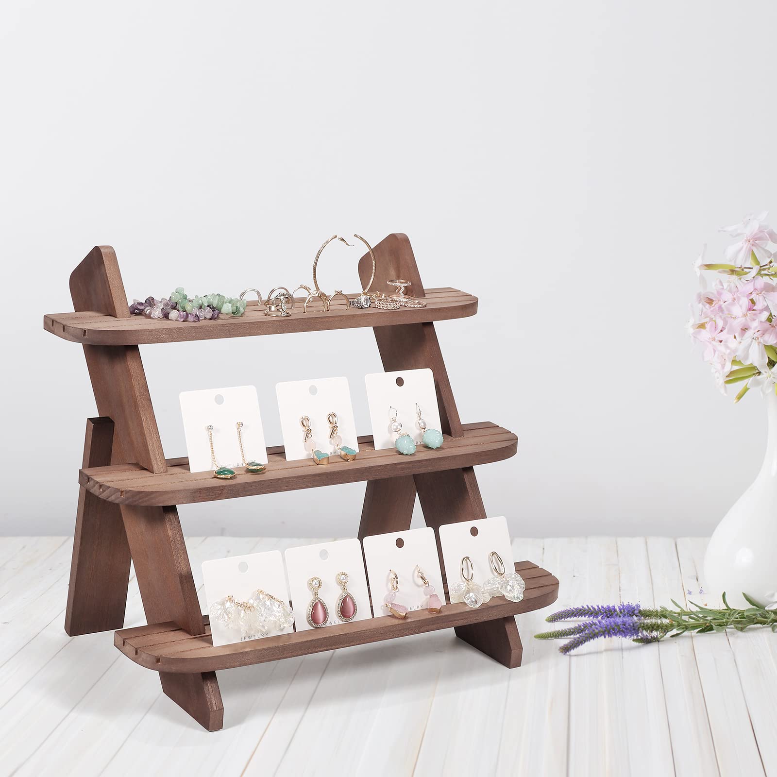 Wooden Display Riser,3 Tier Earring & Ring Holder Stands,Farmhouse Cupcake Stands ,Table Display Stand For Vendors,Organizer Showcase for Tabletop Shows and Home Using ,Wood Rustic Risers-Walnut